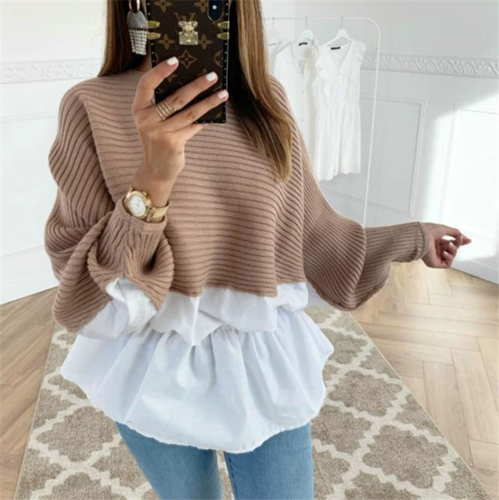 Women's sweater pullover, ribbed knit, layered ruffle hem — sizes S–XL