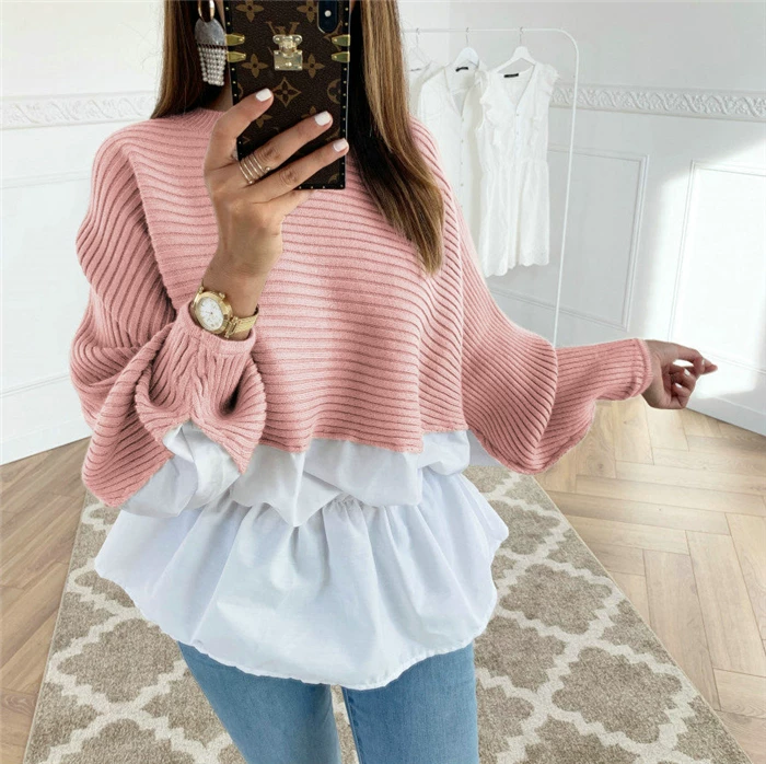Women's sweater pullover, ribbed knit, layered ruffle hem — sizes S–XL