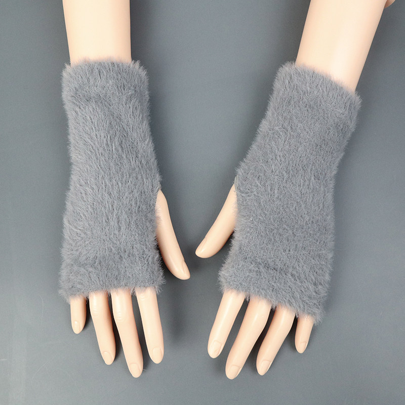 Half Finger Plush Gloves Female Winter Warm Plus Suede Knit Cute Hand Socks Half Cut Finger Touch Screen Student Anti-Chill Wrists-Taobao