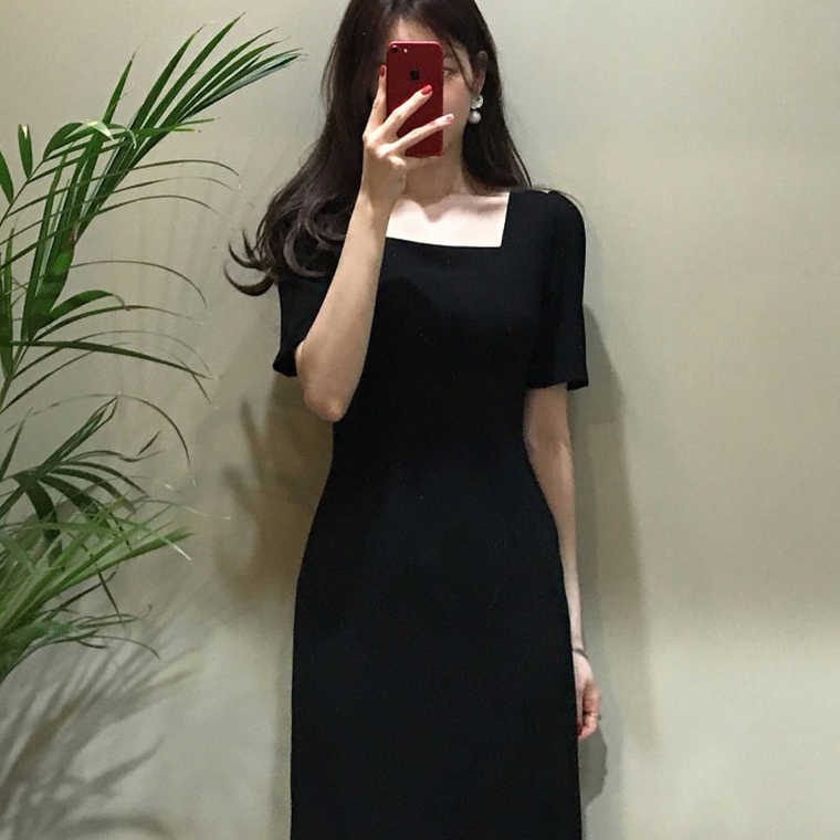 Heart Machine Little Black Skirt Heben Style Square Collar Black Ocean Dress Summer Collection Waist Display Slim Temperament Style Vintage Dresses