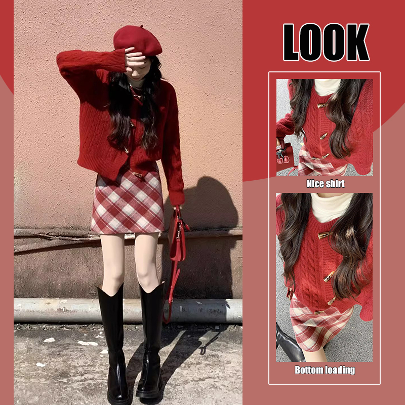 Early Autumn Red-Themed Outfit for the Year of Birth, Suitable for Petite Women, Paired with a Complete Set of Sweater and Skirt Outfit