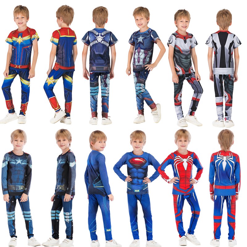 Autumn and Summer Children's Clothing Student Quick-Drying Breathable Superhero Spider-Man Superman Long-Sleeved Short-Sleeved Pants Suit