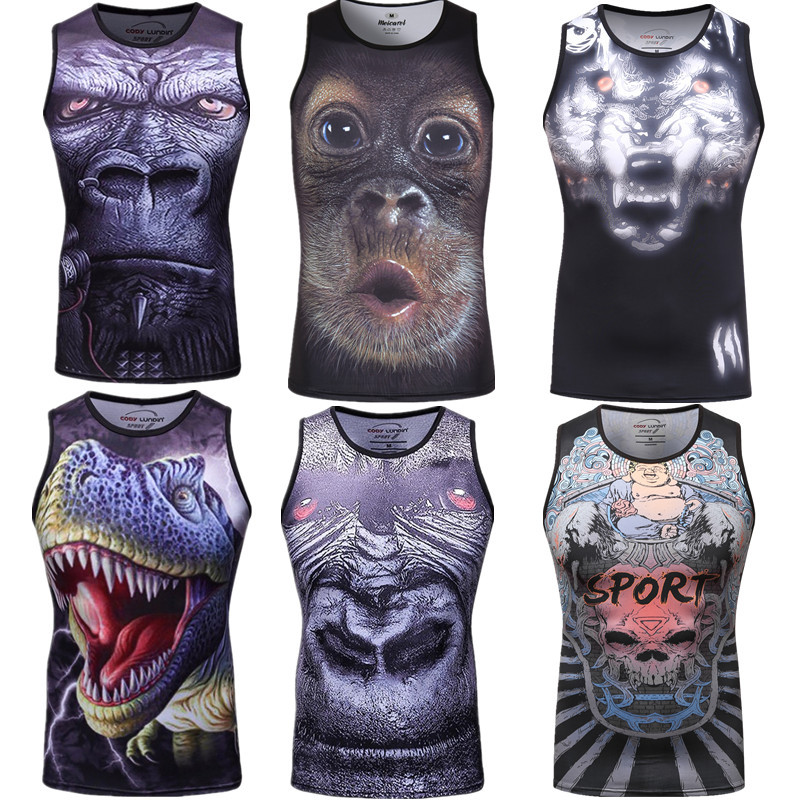 Summer 3D Stereo Pattern Animal Funny Tiktok Monkey Gorilla Dinosaur Wolf Head Sleeveless Vest Short-Sleeved T-Shirt