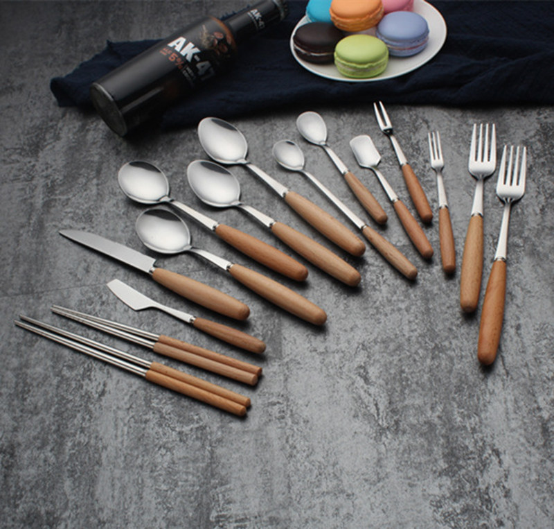 Wooden handle stainless steel chopsticks spoon set household western food steak knife fork spoon three-piece set creative fruit fork rice spoon