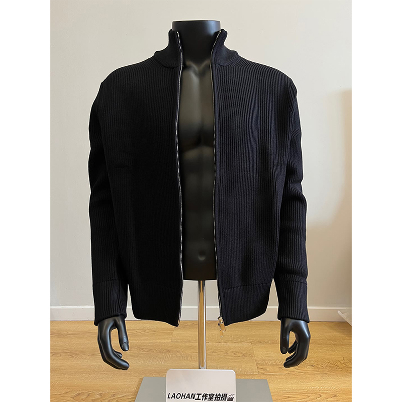 Black Cardigan Half-Turtleneck Sweater for Men, Spring and Autumn Style, Oversized Double Zipper Jacket, High-End American-Style Knitwear