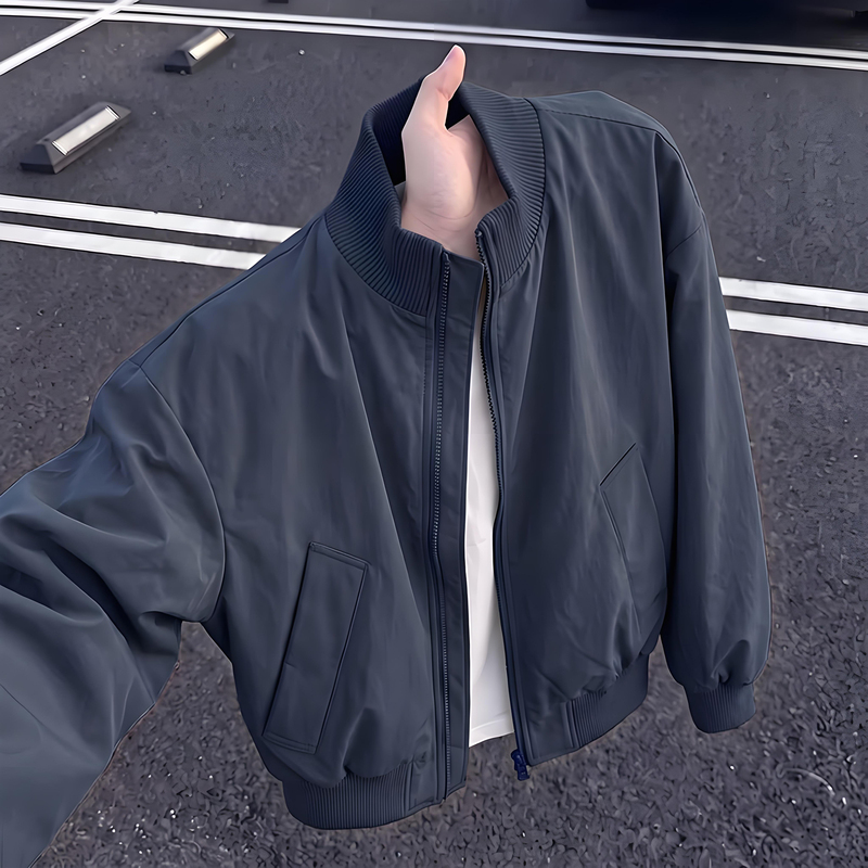 Navy Blue Bomber Jacket for Men, Early Autumn American Retro Stand-Up Collar Baseball Jacket, Cleanfit Short Silhouette Coat Navy Blue Bomber Jacket for Men, Early Autumn American Retro Stand-Up Collar Baseball Jacket, Cleanfit Short Silhouette Coat