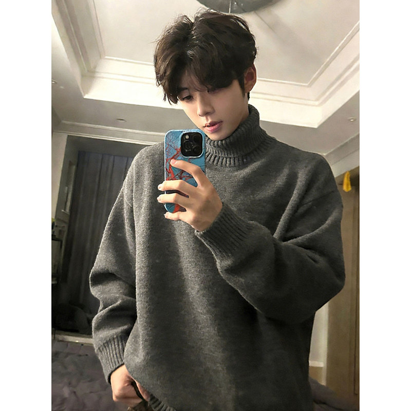 Dark Gray Turtleneck Fleece Sweater for Men, Winter High-End Inner Layer Knitwear, Lazy Style American Jacket