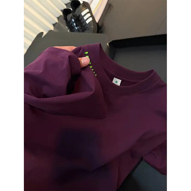 Purple-Red Regular Shoulder T-Shirt for Men, Summer American Retro Style, High-End Feel, Pure Cotton, Short Sleeves, Small Neckline, Flattering for Complexion, Couple's Half-Sleeve