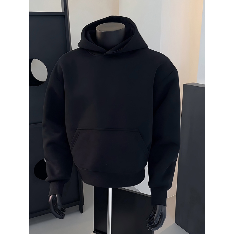 Cleanfit Black Sweatshirt for Men, Spring and Autumn, Heavy Weight Hoodie, Inner Layer Top, American High Street Style, Regular Shoulder Jacket