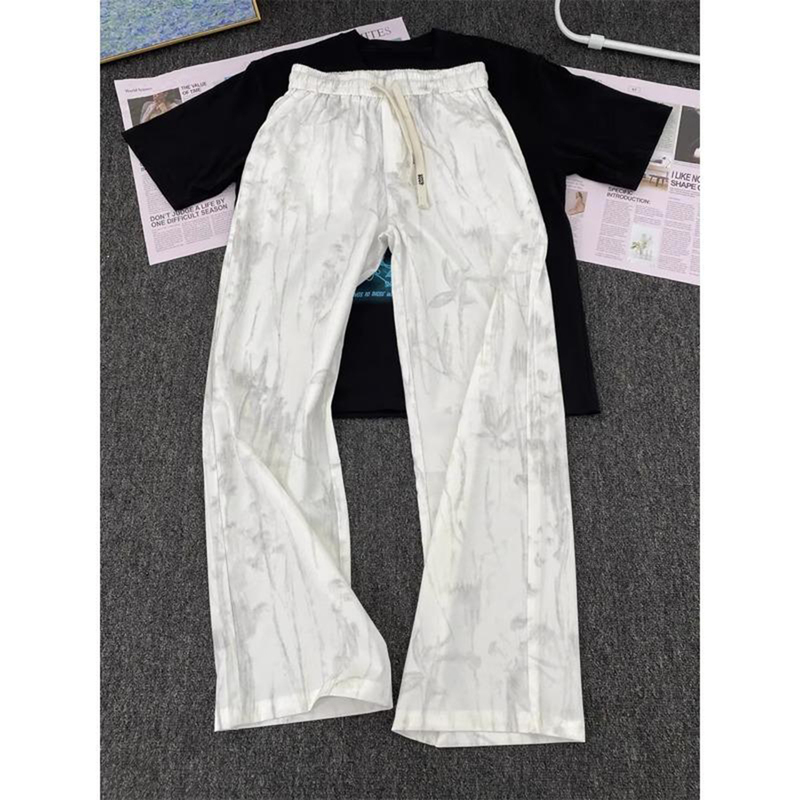 Ink Tie-Dye Ice Silk Pants for Men, Summer Thin White Quick-Dry Drawstring Casual Pants, Straight Loose American-Style Wide-Leg Pants Ink Tie-Dye Ice Silk Pants for Men, Summer Thin White Quick-Dry Drawstring Casual Pants, Straight Loose American-Style Wide-Leg Pants