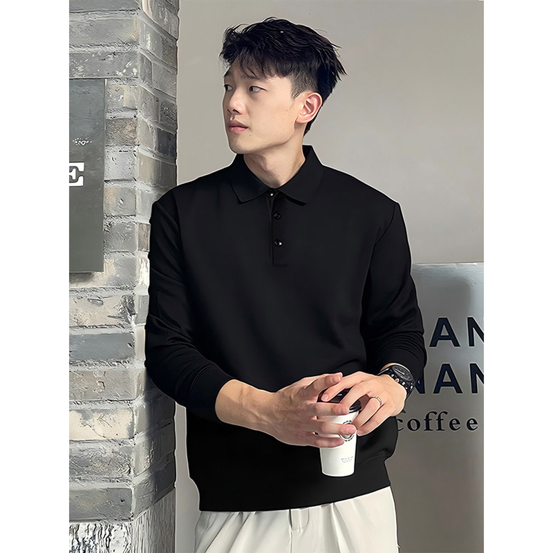 Mature and Stable Men's Long-Sleeved Polo Shirt with a Turn-Down Collar, Suitable for Spring and Autumn, with a Light Mature Style, Business Men's Sweatshirt, Black Base Shirt