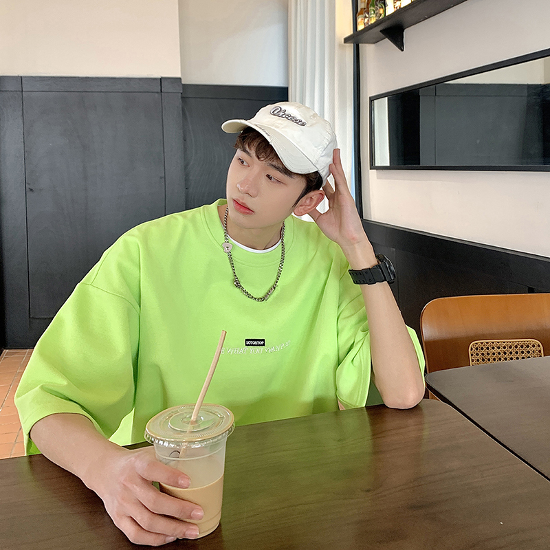 Avocado Green Cotton Men's T-Shirt Dopamine Outfit Ootd Colorful Short-Sleeve Summer Men's American Style Half-Sleeve