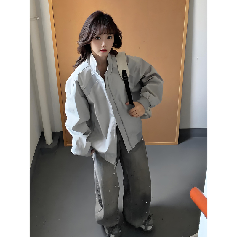 Gray Stand-Collar Oversized Flight Jacket for Men, Spring and Autumn Design, Patchwork Short Baseball Jacket, American-Style Workwear Coat