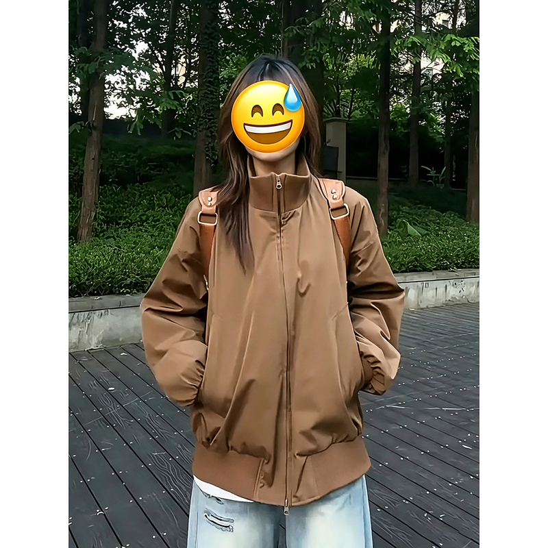 Maillard Brown Bomber Jacket for Men and Women, Autumn American-Style Short Jacket, Couple's Stand-Collar Baseball Jacket