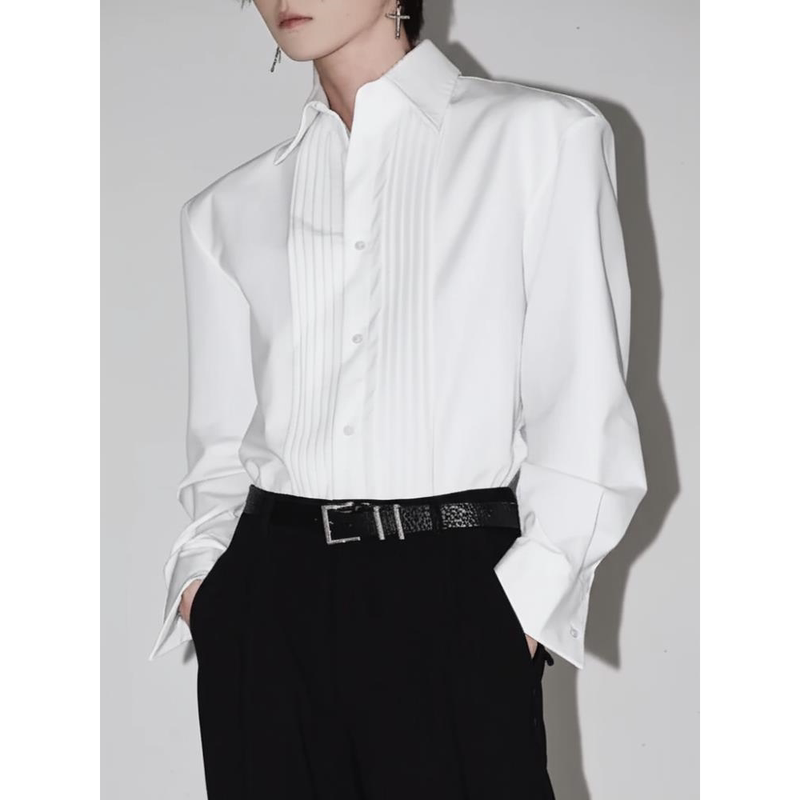 French-Style Lapel Palace-Style White Shirt for Men, High-End, Cool and Unique, with Pleated Design and Elegant Long-Sleeve Shirt