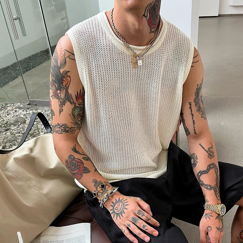 French-Style Lazy Rolled-Edge Knitted Vest for Men, Versatile and Breathable for Summer, with a High-End Feel, Loose and Simple Knitted Sleeveless T-Shirt