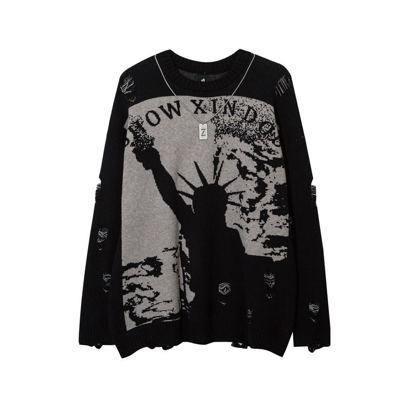 Dark Yabi-Style Ripped Vintage Statue of Liberty Sweater for Men, Oversized, Lazy Style, Loose Knit Top Dark Yabi-Style Ripped Vintage Statue of Liberty Sweater for Men, Oversized, Lazy Style, Loose Knit Top
