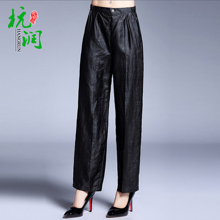 杭润新品女装真丝休闲中老年纯色女裤莨绸长裤