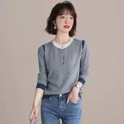 FENPERATE black and white grid color Foreign style wild loose knit sweater women's autumn new fashion pullover top