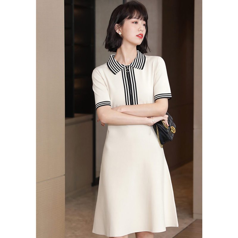 2023 summer new French style commuting trendy white temperament waist slimming color contrast striped short-sleeved dress female