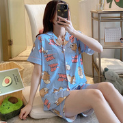 Pajama womens mùa hè mỏng bông cổ áo sơ mi ngắn tay sinh viên hai mảnh bộ Hàn Quốc phiên bản của quần áo nhà dễ thương có thể kiệt sức.