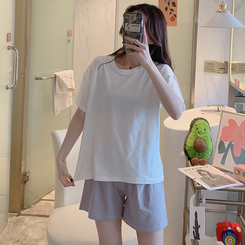 Bộ đồ ngủ womens mùa hè cotton ngắn tay áo quần short mùa xuân và mùa thu mỏng màu trơn Hàn Quốc phiên bản của mùa hè sinh viên quần áo nhà hai mảnh phù hợp.