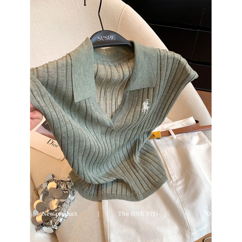 Little Horse Embroidery Old Money Style Green Ribbed Knit Polo Collar Sleeveless Vest for Women, Summer Light Luxury Slimming Sleeveless Top
