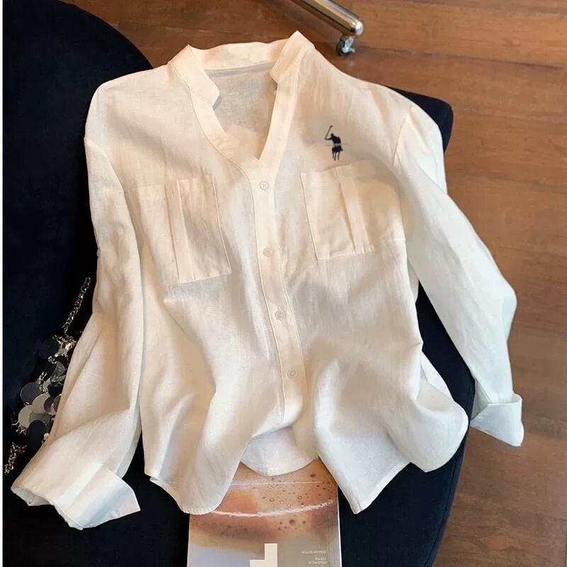 Little Horse Embroidery Old Money Style Stand Collar Linen Shirt for Women 2026 Summer New V-Neck Casual Cotton Linen Sunscreen Shirt