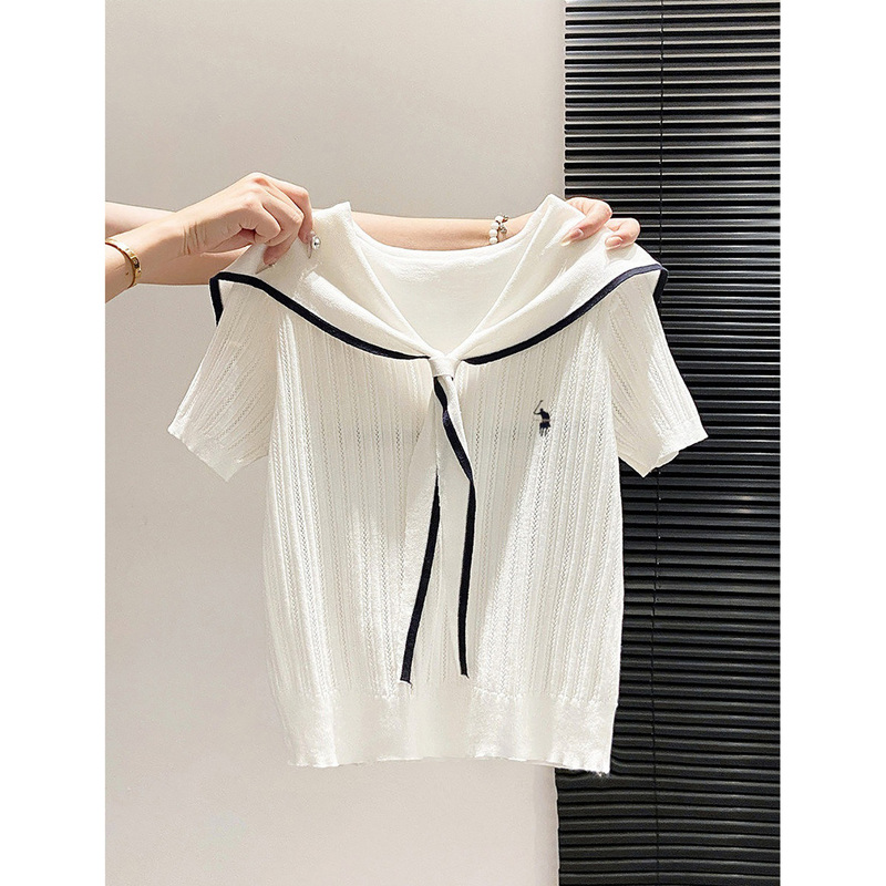 Little Pony Embroidery Navy Collar Tie Short-Sleeve Ice Silk Knit T-Shirt for Women, New Summer Style, Preppy Style, Slimming Top Little Pony Embroidery Navy Collar Tie Short-Sleeve Ice Silk Knit T-Shirt for Women, New Summer Style, Preppy Style, Slimming Top