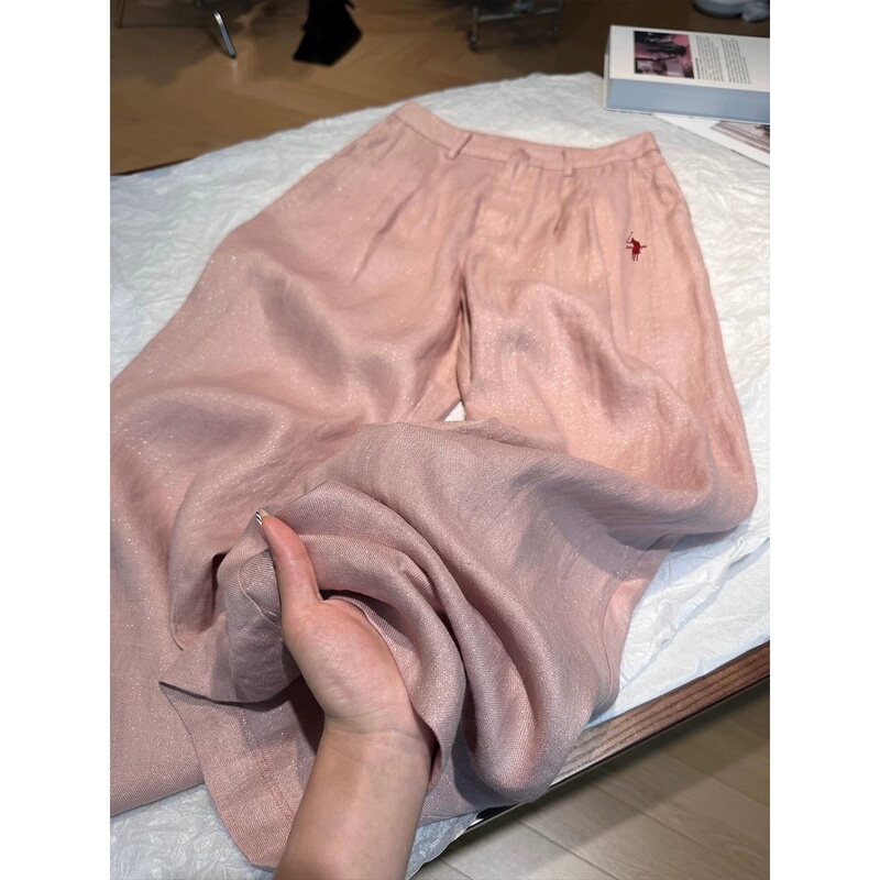 Little Horse Embroidery Pink Shimmer Linen Pants for Women 2026 New Summer High-End Loose Straight Casual Wide-Leg Pants Little Horse Embroidery Pink Shimmer Linen Pants for Women 2026 New Summer High-End Loose Straight Casual Wide-Leg Pants