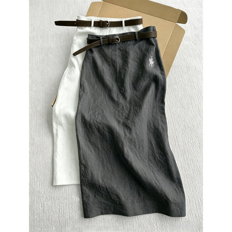 Little Horse Embroidery Old Money Style Linen Skirt for Women, Summer Thin High-Waisted Versatile Slit Straight Mid-Length Skirt Trendy