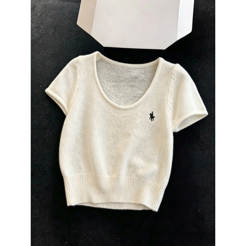 Little Horse Embroidery U-Neck White Ice Silk Knitted Short-Sleeve Women's Summer Thin 2026 New High-End T-Shirt Top