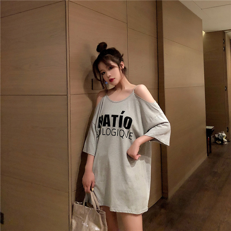 VK旗艦店 韓系露肩小心機露背印花寬鬆短袖洋裝