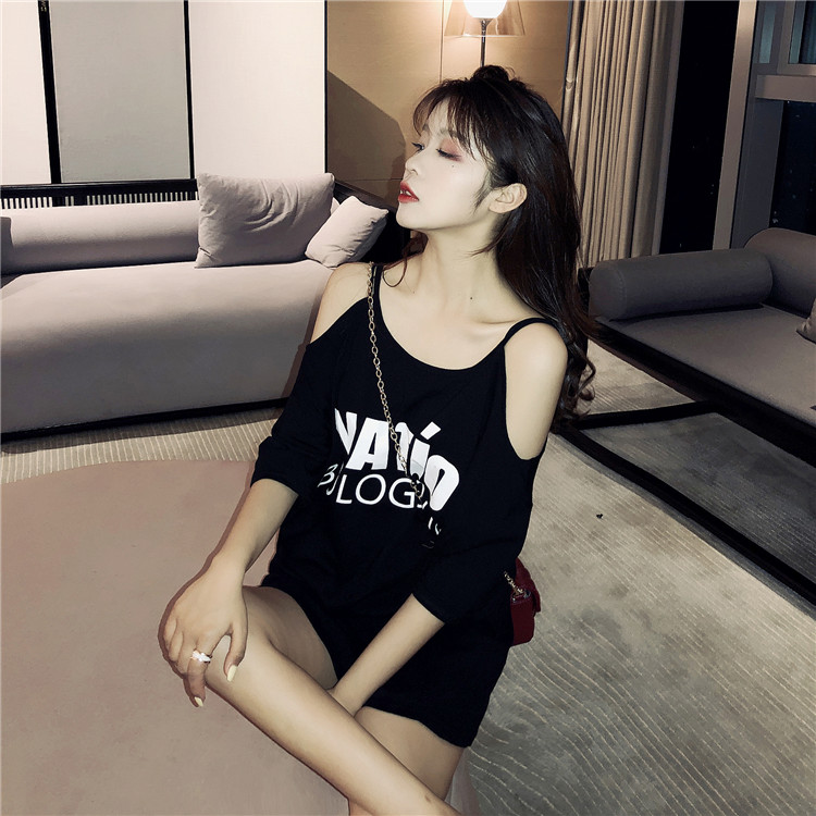 VK旗艦店 韓系露肩小心機露背印花寬鬆短袖洋裝