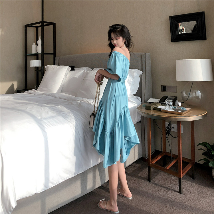 VK旗艦店 韓系不規則一字領氣質短袖洋裝