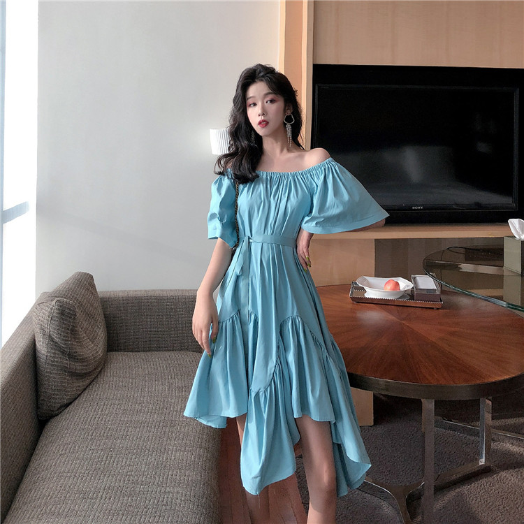 VK旗艦店 韓系不規則一字領氣質短袖洋裝