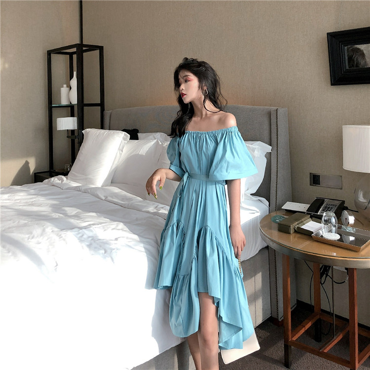 VK旗艦店 韓系不規則一字領氣質短袖洋裝