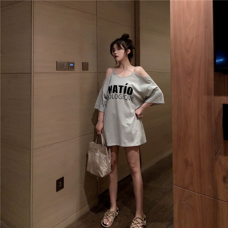 VK旗艦店 韓系露肩小心機露背印花寬鬆短袖洋裝