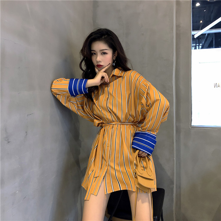 VK旗艦店 韓國風時尚條紋襯衫裙收腰顯瘦長袖洋裝