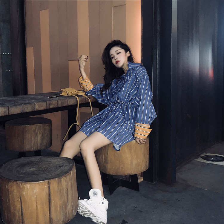 VK旗艦店 韓國風時尚條紋襯衫裙收腰顯瘦長袖洋裝