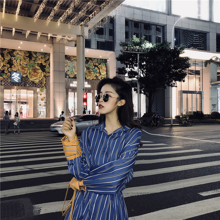 VK旗艦店 韓國風時尚條紋襯衫裙收腰顯瘦長袖洋裝