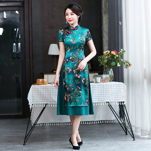 Летнее длинное элегантное шелковое ципао для матери
