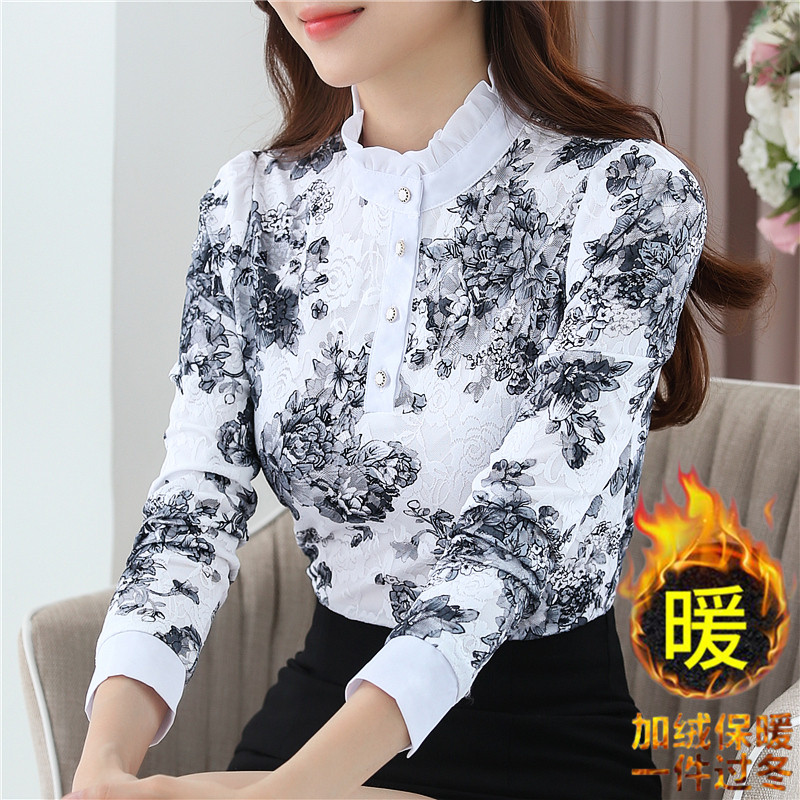 Autumn and winter hot clothes women's thickened fleece tops tight-fitting outer wear middle-aged mothers' lace turtleneck bottoming shirts