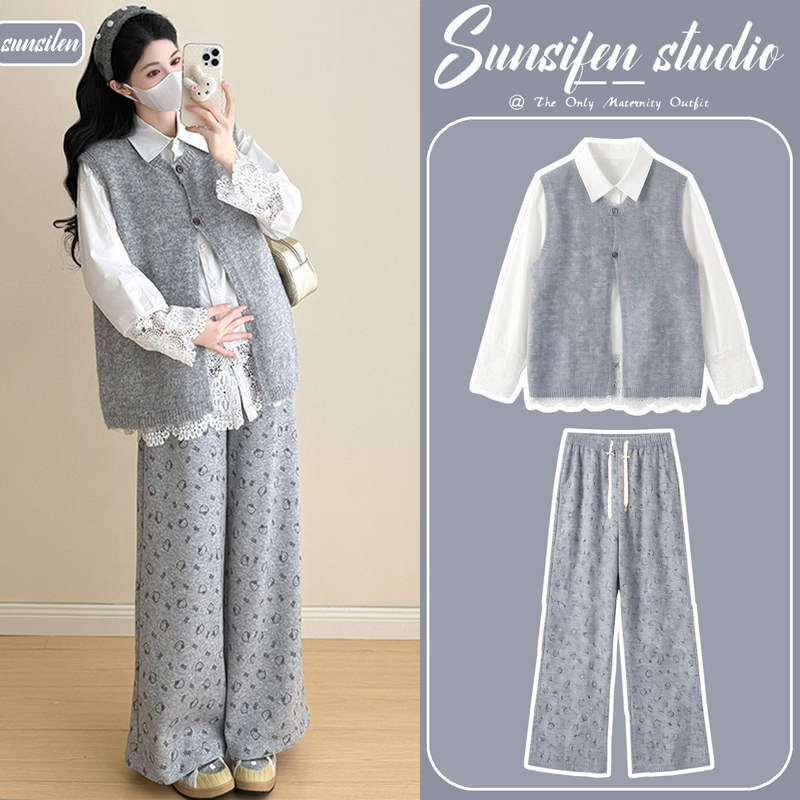 Maternity Autumn Outfit 2026 New Casual Lazy Style Long-Sleeved Top Lace Patchwork Vest Stylish Two-Piece Set Maternity Autumn Outfit 2026 New Casual Lazy Style Long-Sleeved Top Lace Patchwork Vest Stylish Two-Piece Set