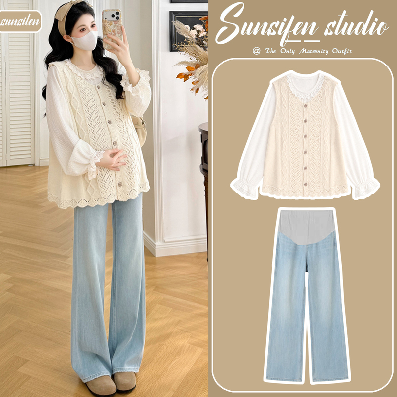 Maternity Wear Autumn Set 2026 New Sweet Lace Hollow-Out Knitted Vest, Age-Reducing and Stylish Two-Piece Set That Doesn'T Show Pregnancy