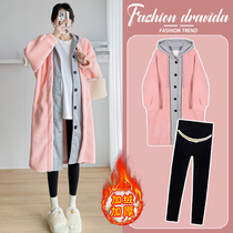Maternity winter coat plus velvet and thickened cotton coat 2023 new autumn and winter outer wear mid-length lamb wool hooded suit