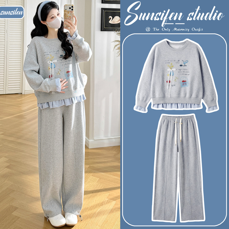 Maternity Autumn Outfit 2026 New Stylish Pregnancy Trendy Age-Reducing Printed Gray Sweatshirt Wide-Leg Pants Two-Piece Set Maternity Autumn Outfit 2026 New Stylish Pregnancy Trendy Age-Reducing Printed Gray Sweatshirt Wide-Leg Pants Two-Piece Set