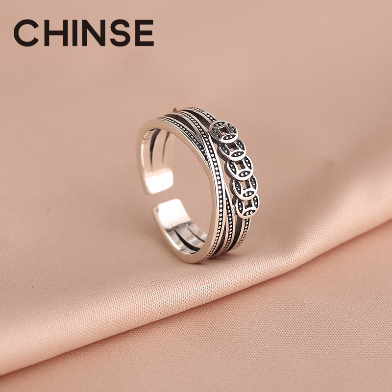 S925 sterling silver ins tide niche design Retro cold wind index finger ring Lucky coin opening ring for women