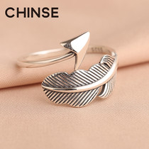 Pant feather bow S925 sterling silver ring simple retro old Thai silver style ring female adjustable tide