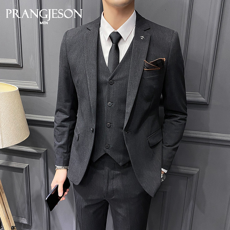 Groom suit suit business casual gray suit three-piece set men's Korean version trend spring and autumn work professional wear